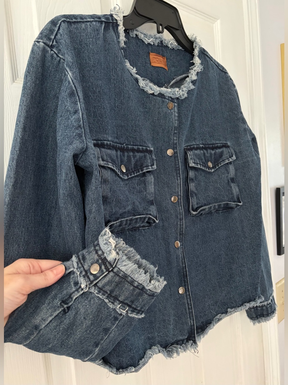 POL Denim Frayed-Trim Jean Jacket - Dark Blue - Picture 4 of 5